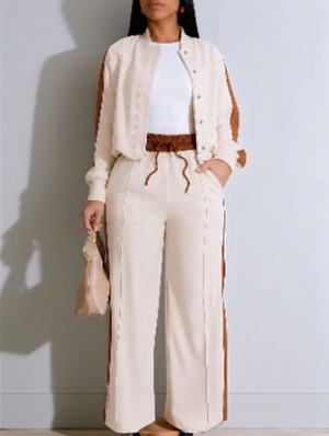 Striped Trim Zipper Jackets Pant Sets