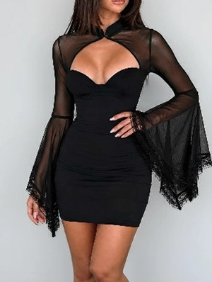 Stand Collar Cut Out Mesh Long Sleeve Dress