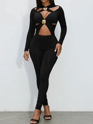 Wrap Hollow-out Metal Decor Fitted Jumpsuits