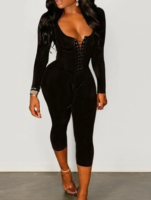 Eyelets Tie-wrap Long Sleeve Capri Rompers