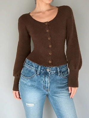 Retro Puff Sleeve Waist Cinching Short Knit Cardigan