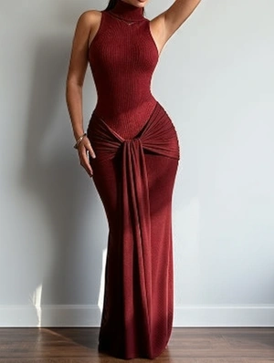 Pure Color Ribbons Highneck Sheath Dress