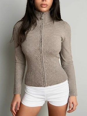 Long Sleeve Solid Knit Zip Stand Collar Cardigan
