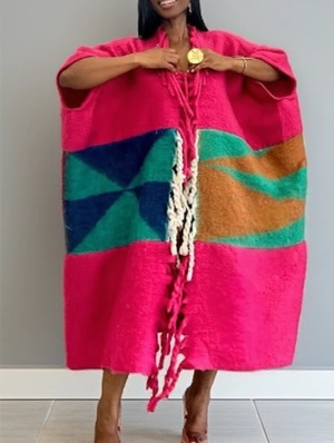 Colorblock Fringe Knit Cardigan Poncho