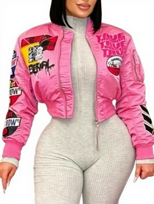 Camo Printed Zipper Cropped Bomber Jacket