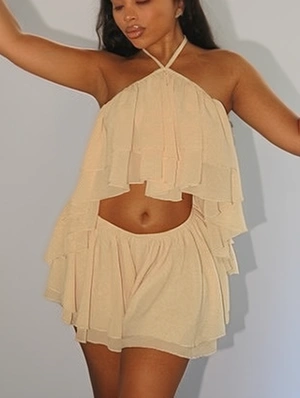 Ruffle Halter Backless Lace-Up Skirt Sets