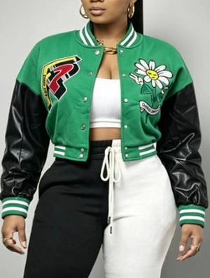 Floral Embroidery PU Baseball Jacket