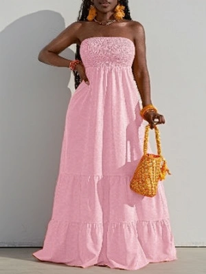 Smocked Strapless Ruched Swing Maxi Dress