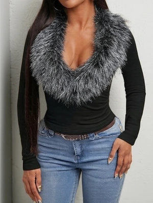 Fur Collar Bodycon Long Sleeve Tops