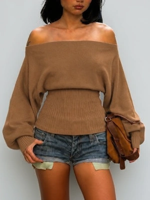 Pure Color Boat Neck Batwing Sleeve Sweater