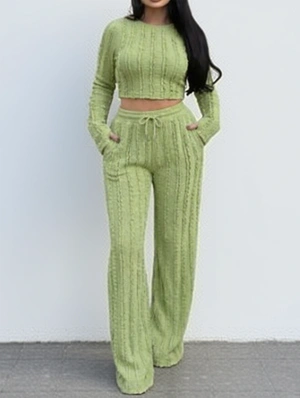 Plain Texture Cropped Wide Leg Pant Sets