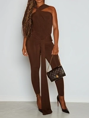 Ruched Halter Backless Ribbons Jumpsuits