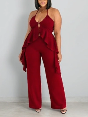Ruffle Halter Backless Lace-Up Pant Sets