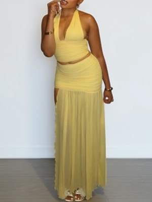 Ruched Sheer Halter Split Hem Skirt Sets