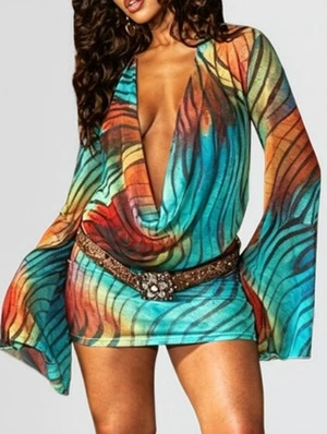 Zebra Deep V Neck Backless Lace-Up Mini Dress