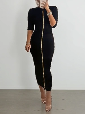 Elbow Sleeve V Neck Zipper Fitted Maxi Dress