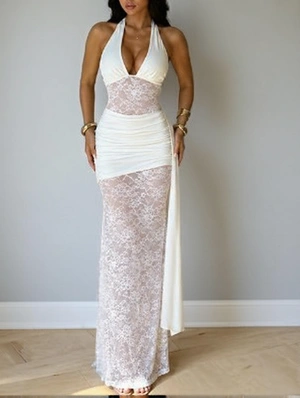 Halter Hollow-out Lace V Neck Sheath Dress 