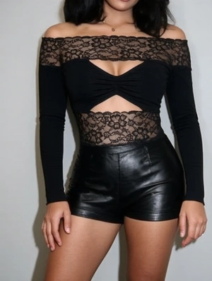 Boat Neck Hollow-out Lace Panel T-shirts
