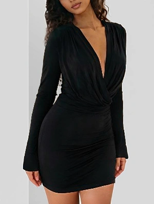 Deep V Ruched Long Sleeve Bodycon Mini Dress