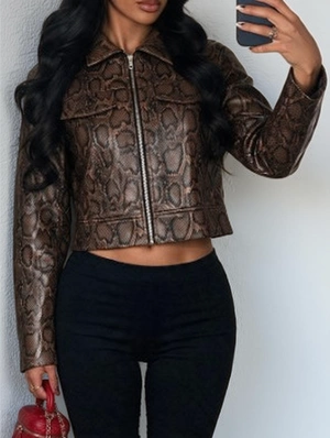 Snake Print Zipper Lapel Cropped Jackets