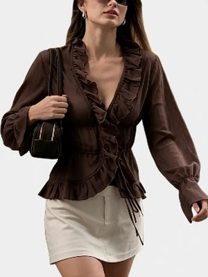 Elegant Chiffon Ruffled Puff Sleeve Tie Front Blouse