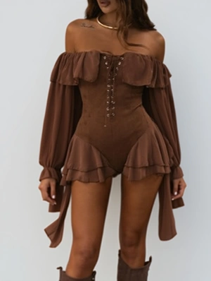 Ruffle Chiffon Off Shoulder Lace-Up Mini Dress