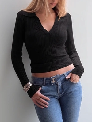 Lapel Long Sleeve Fit Crop Knit T-shirts