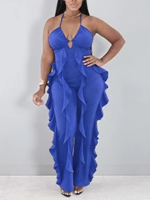 Ruffle Halter Backless Lace-Up Jumpsuits