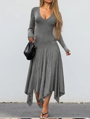 Solid Irregular V Neck Long Sleeve Dress