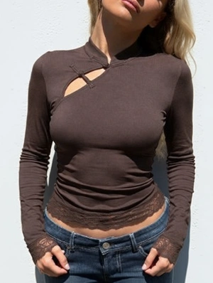 Pure Color Lace Panel Bodycon T-shirts