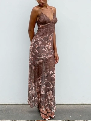 Backless Print V Neck Spaghetti Straps Dress