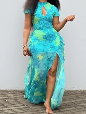 Floral Hollow-out Split Hem Maxi Dress