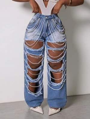 Ripped Denim Faux Pearl Chain Jeans
