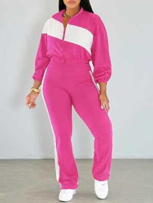 Contrast Zipper Lapel Cropped Tracksuits Sets