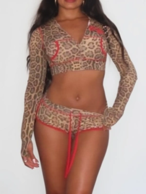 Leopard Cropped Zipper Hooded Short Sets