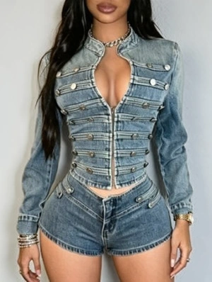 Metal Buckle Denim Jackets Short Sets