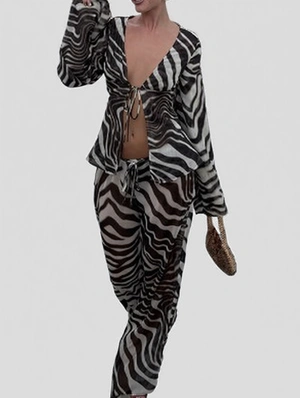 Zebra V Neck Tie-wrap Shirt Pant Sets