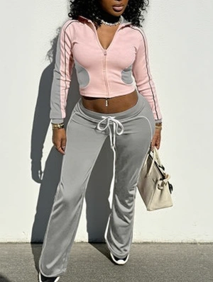 Colorblock Lined Zipper Coats Pant Sets