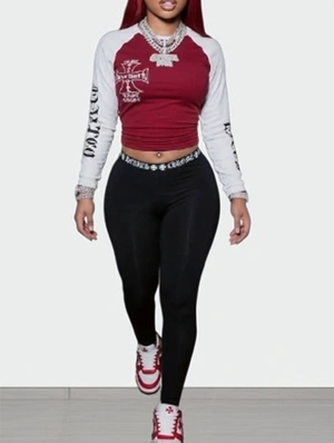 Contrast Letter Cross Printed Fitted Pant Sets