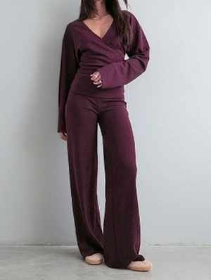 Plain Wrap V Neck Loose Straight Pant Sets