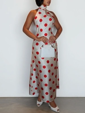 Polka Dots Halter Backless Lace-Up Maxi Dress