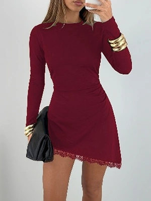 Solid Crew Neck Lace Trim Asymmetric Mini Dress
