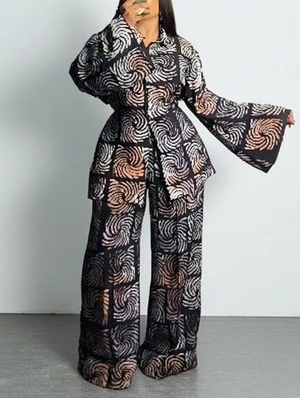 Gradient Flared Long Sleeve Two Piece Pants Set
