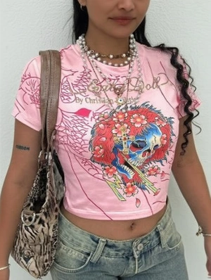 Skull Floral Letter Printed Baby Tee