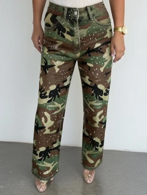 Rhinestones Camo Straight Cargo Pants