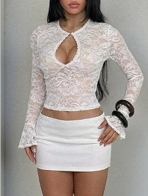 Lace Bell Sleeve 2 Piece Crop Skirt Set