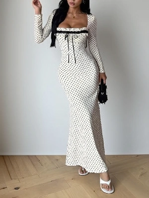 French Polka Dot Long Sleeve Bow Maxi Dress