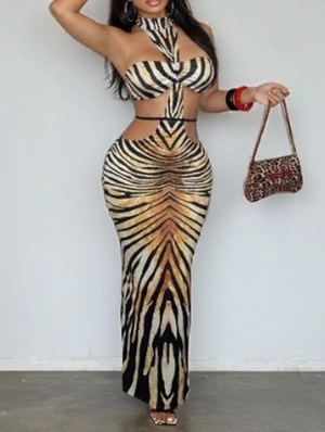 Zebra Hollow-out Backless Halter Maxi Dress