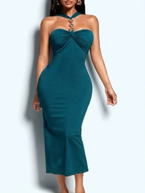 Metal Chain Ruched Backless Midi Dress