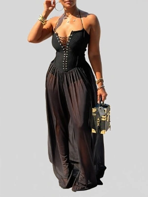 Halter Lace-Up Sheer Backless Maxi Dress